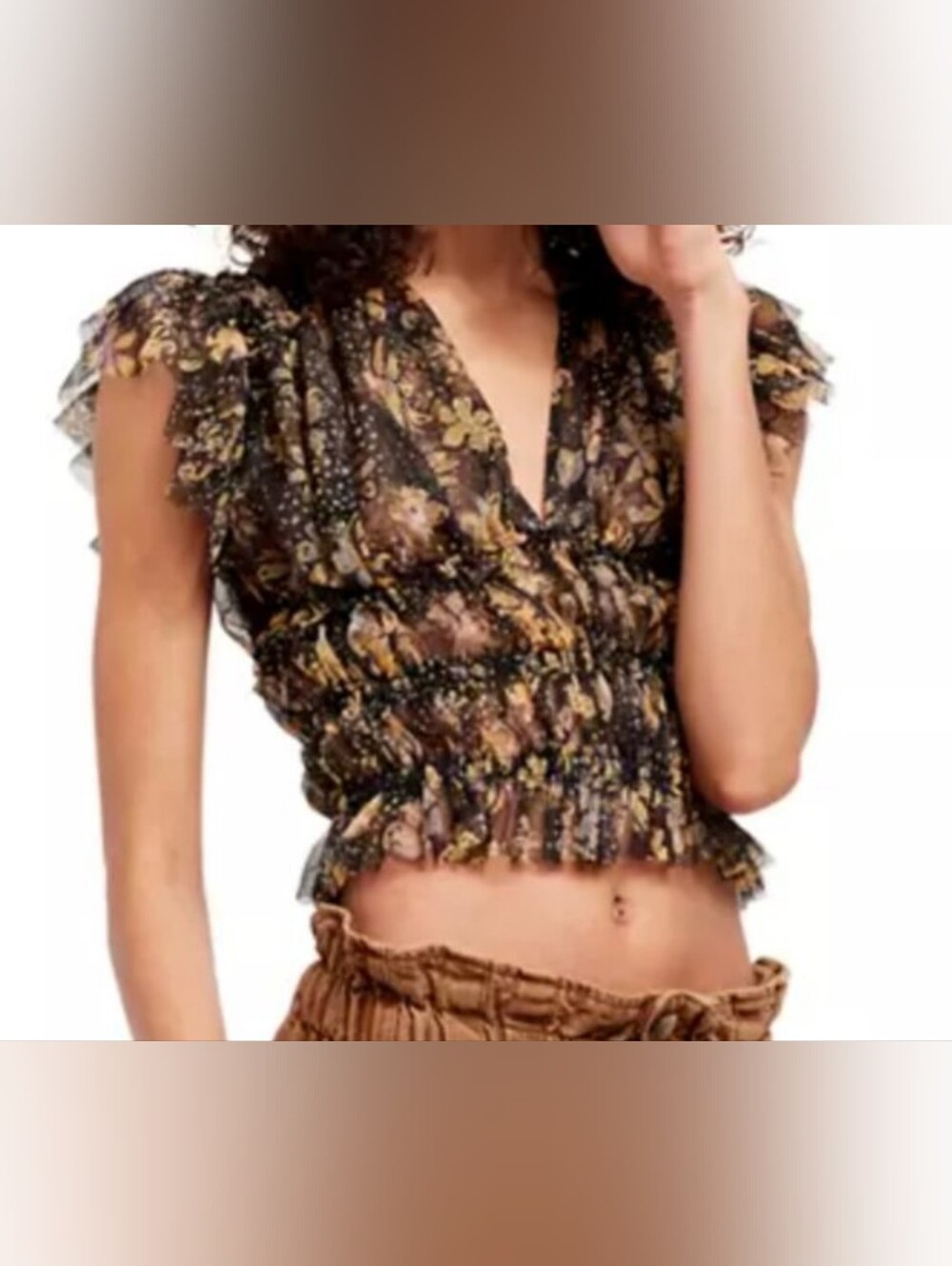 Free People Black Sheer Floral Smocked Blouse with Beige Print